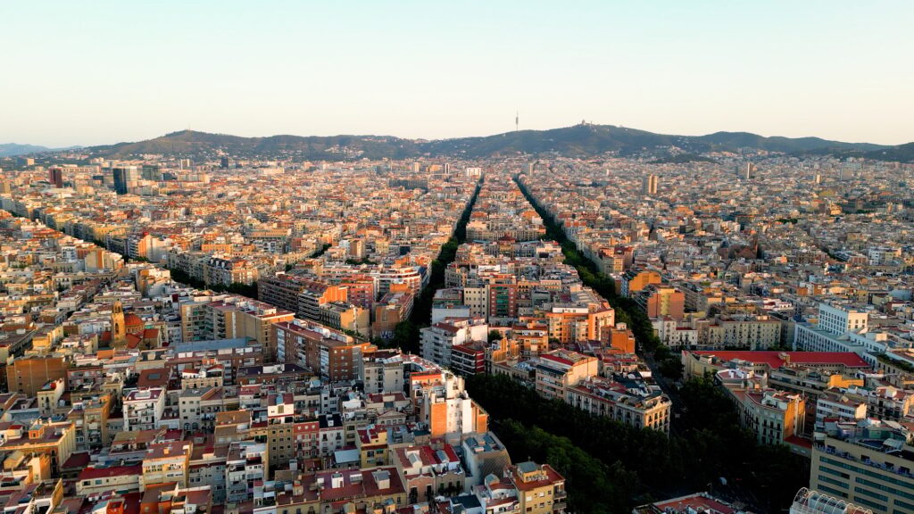 Aerial view of Barcelona city at sunrise, Catalonia, Spain